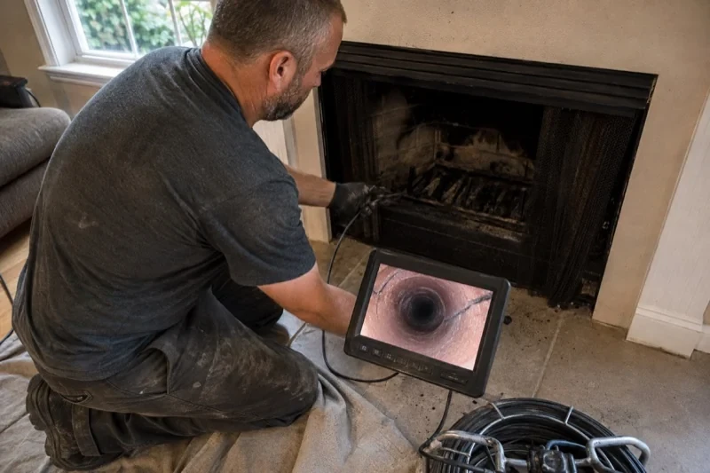 Person holding an inspection cable at a fireplace beside a monitor showing a round passage