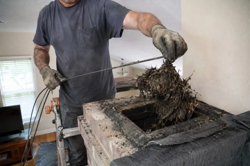Person lifting a clump of twigs and debris from a rectangular masonry opening indoors