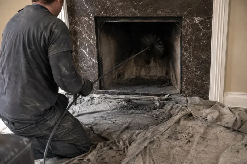 Person guiding a round brush on a long rod into a fireplace, with dark debris on a drop cloth across the hearth.