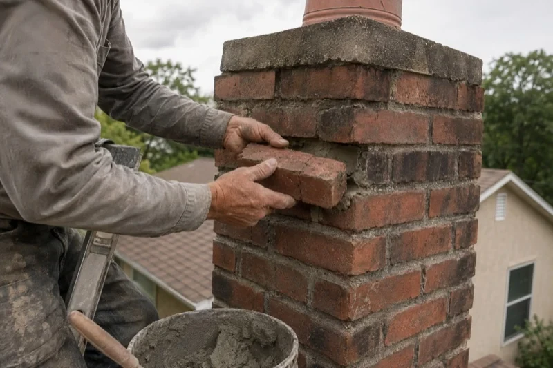 Person holding a brick in front of an opening in a rooftop chimney, with a mortar bucket nearby.